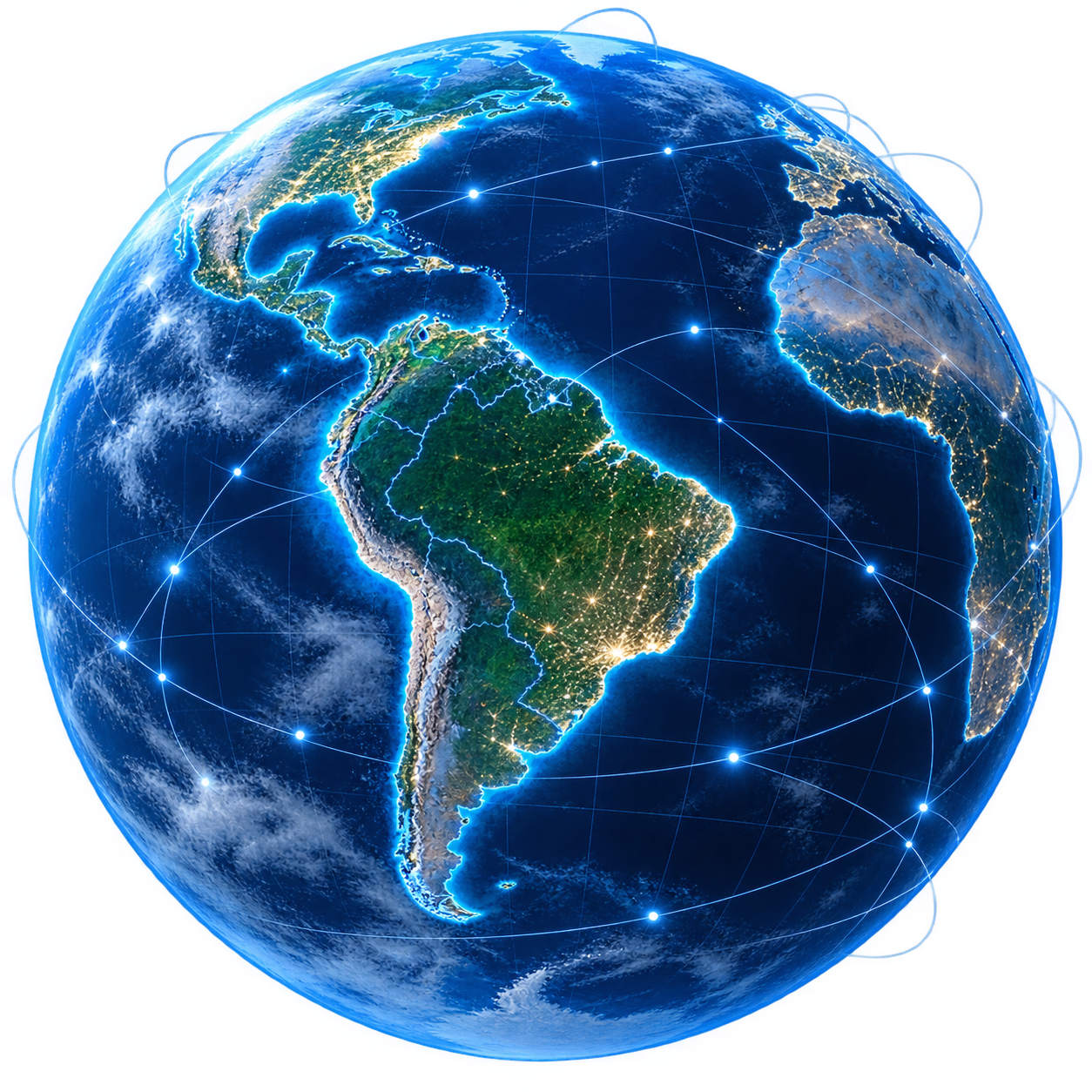 Planeta Terra azul com o Brasil em destaque e conexões luminosas